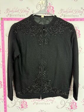 Vintage sweater cardigan Black Beaded Floral Cardigan Sweater